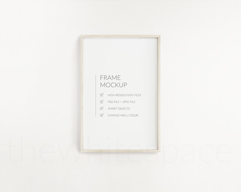 K&ouml;nnte beinhalten: Ein wei&szlig;er Rahmen-Mockup mit dem Text "FRAME MOCKUP" und einer Checkliste mit Funktionen: Hochaufl&ouml;sende Dateien, PSD-Datei - JPEG-Datei, Intelligente Objekte, Wandfarbe &auml;ndern.