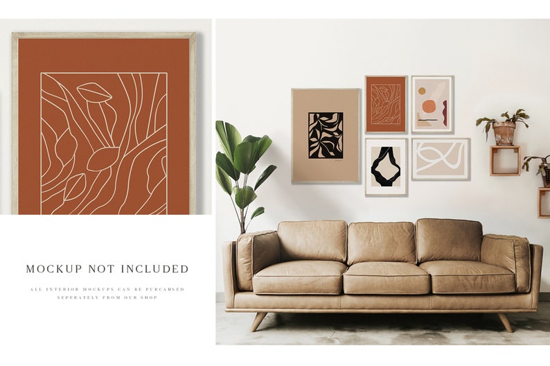 May include: Five abstract art prints in a minimalist style with black and white line drawings on a beige background. The prints are framed in white and hung on a white wall above a brown leather sofa.