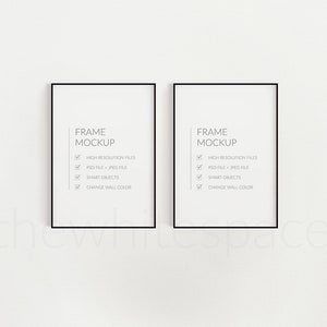May include: Two black picture frames with white backgrounds and text that reads "FRAME MOCKUP" and lists features such as "High Resolution Files", "PSD File + JPEG File", "Smart Objects", and "Change Wall Color".