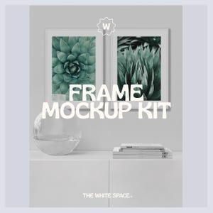 May include: Two white picture frames with a green plant image inside. The frames are on a white shelf with a glass vase and a stack of books. The text "FRAME MOCKUP KIT" is in white letters on a white background. The text "THE WHITE SPACE." is in black letters on a white background.