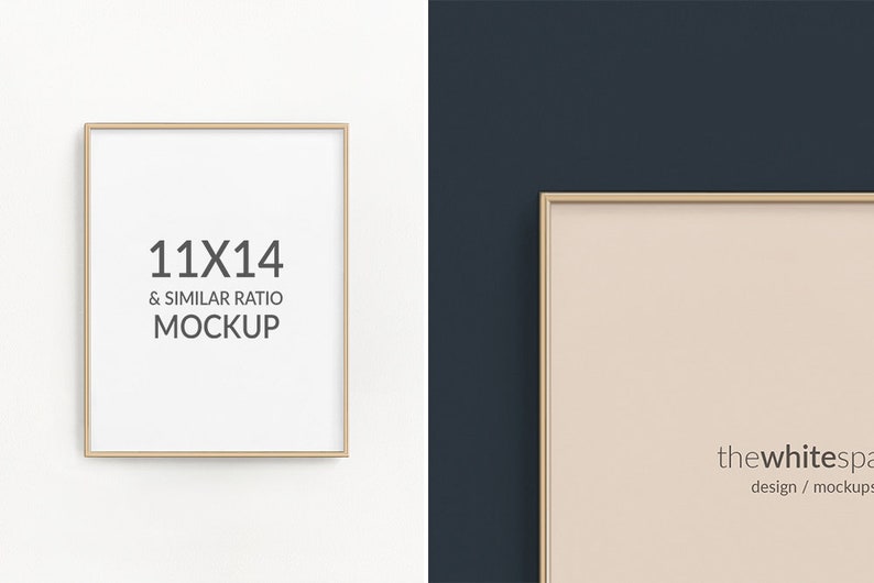 May include: A gold-colored frame mockup with the text "11x14 & SIMILAR RATIO MOCKUP" on a white background. The frame is on a white wall on the left and a dark blue wall on the right.
