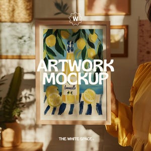 May include: A framed artwork mockup featuring a painting of lemons and a bottle of limoncello. The painting is set against a blue background with a white and blue striped pattern.