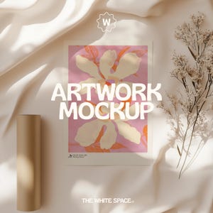 May include: A white mockup of a pink and yellow floral artwork with the text "ARTWORK MOCKUP" in white. The artwork is on a white surface with a brown tube and dried flowers.