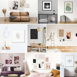 May include: A collection of framed art prints featuring abstract designs, nature scenes, and minimalist line drawings. The prints are displayed on various walls in different room settings, including a living room, dining room, and bedroom.