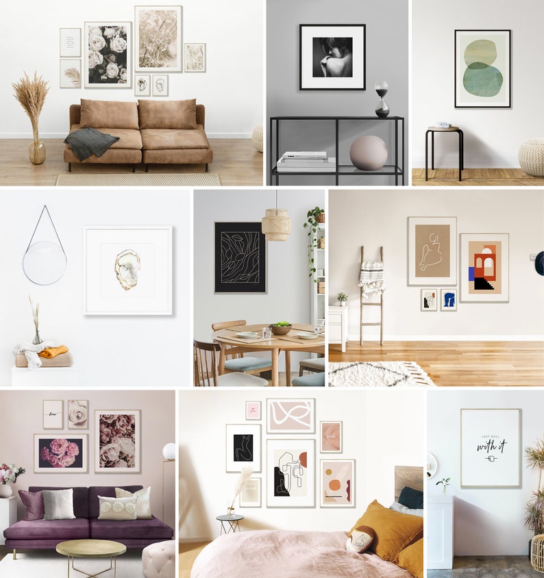 May include: A collection of framed art prints featuring abstract designs, nature scenes, and minimalist line drawings. The prints are displayed on various walls in different room settings, including a living room, dining room, and bedroom.