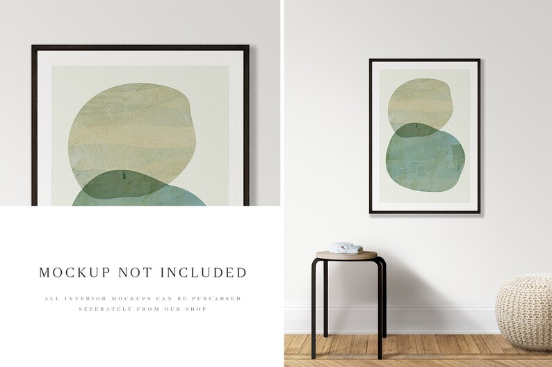 May include: A black framed print featuring an abstract design of overlapping green and beige circles against a white background. The print is hanging on a white wall above a black stool. The text "MOCKUP NOT INCLUDED" is printed below the image.