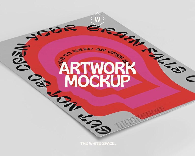 Może przedstawiać: Szary plakat z tekstem "Open your brain falls out so you won't keep an open mind" w okrągłym wzorze z r&oacute;żową i czerwoną grafiką w środku. Tekst "Artwork Mockup" znajduje się w środku plakatu.