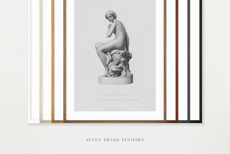 May include: Seven different frame finishes are shown, each framing a black and white print of a classical sculpture of a nude woman sitting on a rock. The print includes the text "A Nymph Asleep" and a description of the sculpture.