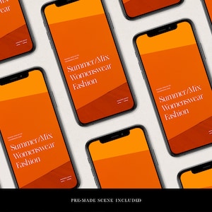 May include: Multiple black smartphones with orange screens displaying the text "Summer/Mix Womenswear Fashion". The phones are arranged in a grid pattern on a white surface.