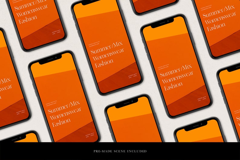 May include: Multiple black smartphones with orange screens displaying the text "Summer/Mix Womenswear Fashion". The phones are arranged in a grid pattern on a white surface.