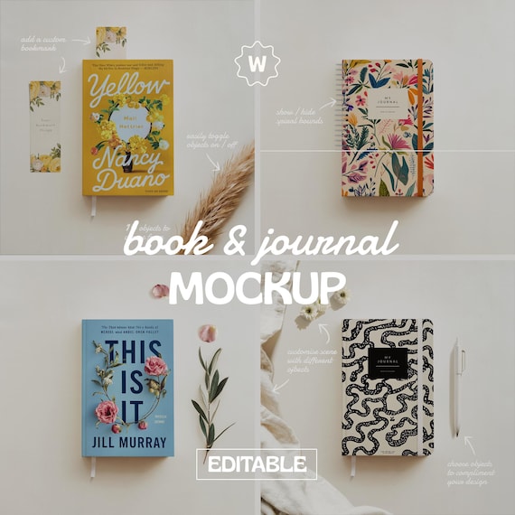 Book or Journal Mockup Scene Creator, Hardcover and Paperback Options, Editable Planner, Bookmark, Diary Flatlay Mock Up, Photoshop & Canva