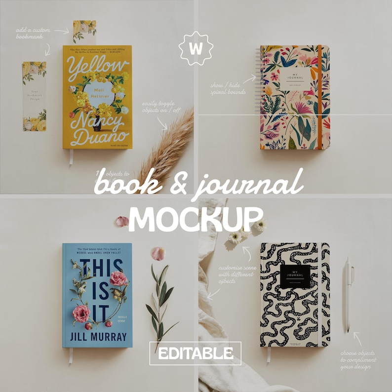 May include: Four book and journal mockups with different backgrounds and designs. The mockups are editable and can be used to showcase your own designs.