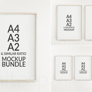 K&ouml;nnte beinhalten: Ein Mockup-Paket mit f&uuml;nf wei&szlig;en Bilderrahmen mit einer Holzoptik. Die Rahmen sind in zwei Reihen angeordnet. Die obere Reihe hat zwei Rahmen, die untere Reihe drei. Jeder Rahmen hat einen wei&szlig;en Hintergrund und schwarzen Text, der "A4 A3 A2 & SIMILAR RATIO MOCKUP" lautet. Der Rahmen oben links hat au&szlig;erdem den Text "BUNDLE" unter dem anderen Text.