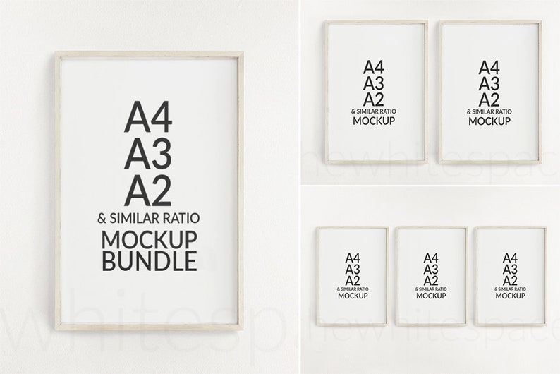 K&ouml;nnte beinhalten: Ein Mockup-Paket mit f&uuml;nf wei&szlig;en Bilderrahmen mit einer Holzoptik. Die Rahmen sind in zwei Reihen angeordnet. Die obere Reihe hat zwei Rahmen, die untere Reihe drei. Jeder Rahmen hat einen wei&szlig;en Hintergrund und schwarzen Text, der "A4 A3 A2 & SIMILAR RATIO MOCKUP" lautet. Der Rahmen oben links hat au&szlig;erdem den Text "BUNDLE" unter dem anderen Text.
