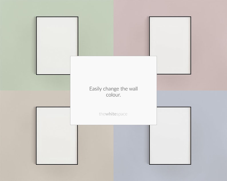May include: Four black picture frames are arranged in a cross shape against a background of four different colored walls. The frames are empty and the text "Easily change the wall colour. thewhitespace" is in the center of the image.