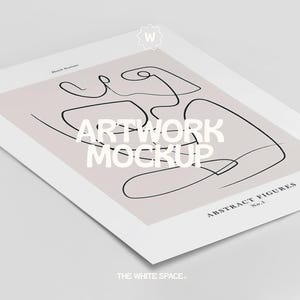 May include: A white mockup of a print with a black line drawing of abstract figures on a light pink background. The text "ARTWORK MOCKUP" is in bold black letters. The text "ABSTRACT FIGURES No.1" is in black letters at the bottom right corner of the print.