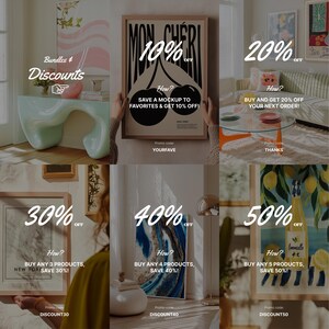 May include: A collage of six images showcasing different discount offers for art prints. Each image features a framed art print with a handwritten percentage discount and a description of the offer. The offers include 10%, 20%, 30%, 40%, and 50% off.