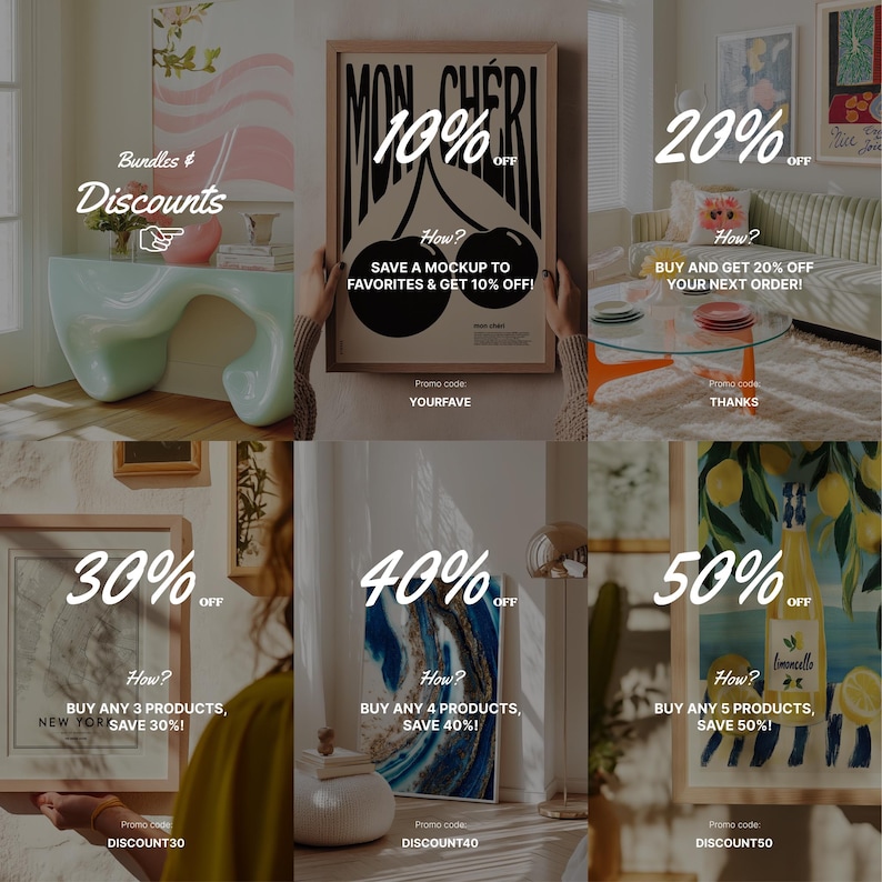 May include: A collage of six images showcasing different discount offers for art prints. Each image features a framed art print with a handwritten percentage discount and a description of the offer. The offers include 10%, 20%, 30%, 40%, and 50% off.