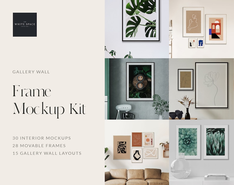 May include: A mockup kit for creating gallery walls with 30 interior mockups, 28 movable frames, and 15 gallery wall layouts. The image shows a variety of frames with different artwork, including plants, abstract designs, and line drawings.