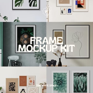May include: A mockup kit showcasing a variety of frames displaying different images, such as plants, abstract artwork, and a cup of coffee. The text "FRAME MOCKUP KIT" is prominently displayed in the centre of the image.