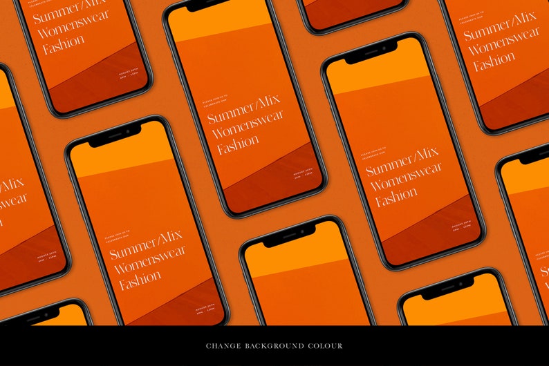 May include: Multiple black smartphones with orange backgrounds displaying the text "Summer/Mix Womenswear Fashion".