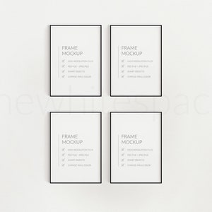 May include: Four black picture frames with white mats and text that reads "FRAME MOCKUP" with a checklist of features: "HIGH RESOLUTION FILES", "PSD FILE + JPEG FILE", "SMART OBJECTS", "CHANGE WALL COLOR".