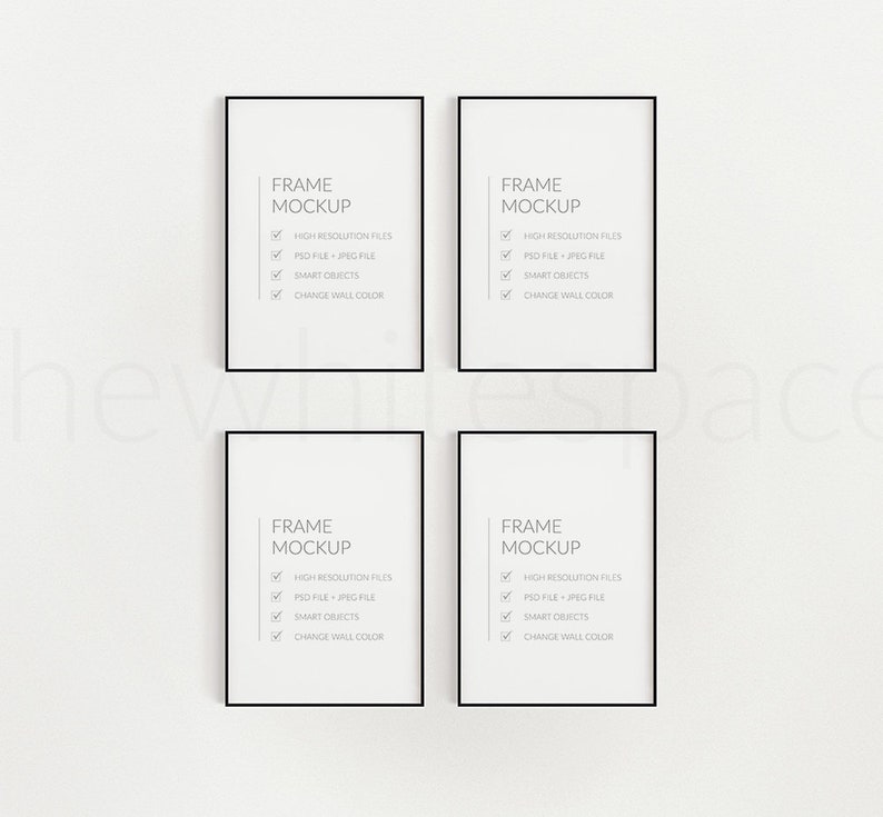 May include: Four black picture frames with white mats and text that reads "FRAME MOCKUP" with a checklist of features: "HIGH RESOLUTION FILES", "PSD FILE + JPEG FILE", "SMART OBJECTS", "CHANGE WALL COLOR".