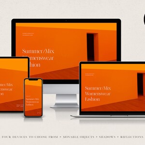 May include: Four different devices displaying a website mockup with an orange background and the text "Summer/Mix Womenswear Fashion". The devices include a laptop, desktop computer, tablet, and smartphone.