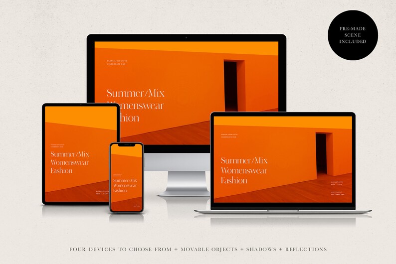 May include: Four different devices displaying a website mockup with an orange background and the text "Summer/Mix Womenswear Fashion". The devices include a laptop, desktop computer, tablet, and smartphone.