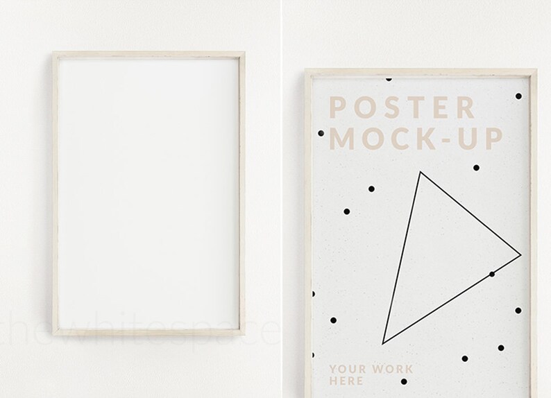 K&ouml;nnte beinhalten: Ein wei&szlig;er Poster-Rahmen-Mockup mit dem Text "POSTER MOCK-UP" und einem schwarzen Dreieck mit schwarzen Punkten auf wei&szlig;em Hintergrund. Der Text "YOUR WORK HERE" befindet sich am unteren Rand des Rahmens.