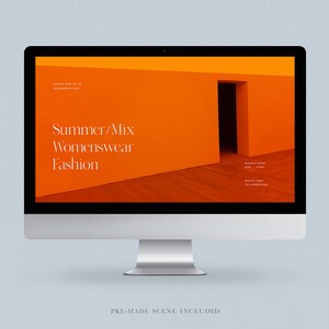 May include: A computer screen mockup showing a website design for a fashion brand. The website features a bright orange background with a doorway and the text "Summer/Mix Womenswear Fashion".