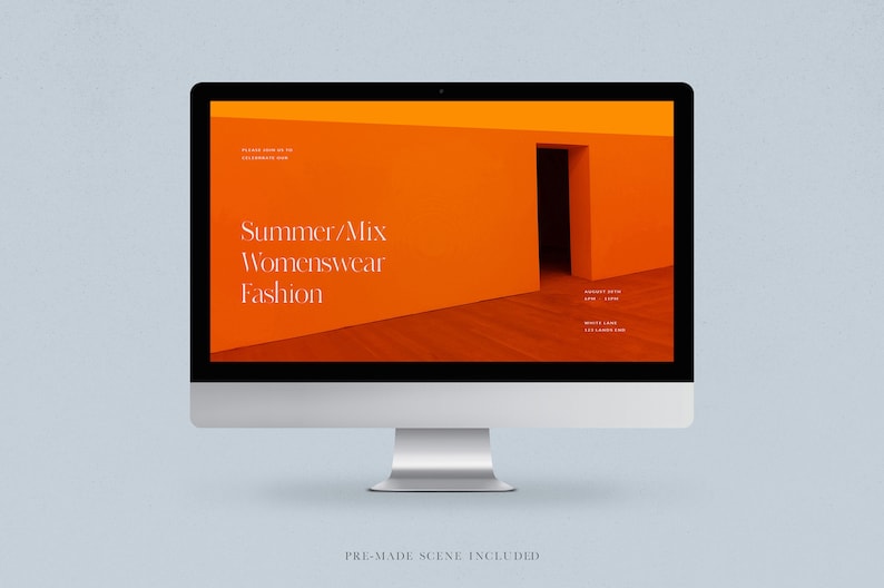 May include: A computer screen mockup showing a website design for a fashion brand. The website features a bright orange background with a doorway and the text "Summer/Mix Womenswear Fashion".