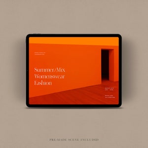 May include: A tablet computer displaying a website for Summer/Mix Womenswear Fashion. The website features a bright orange background with a doorway leading to a room with a wooden floor.
