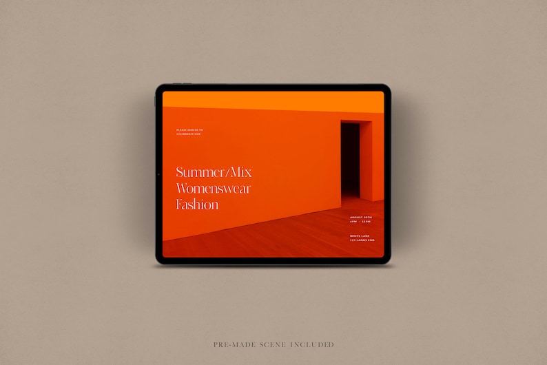 May include: A tablet computer displaying a website for Summer/Mix Womenswear Fashion. The website features a bright orange background with a doorway leading to a room with a wooden floor.