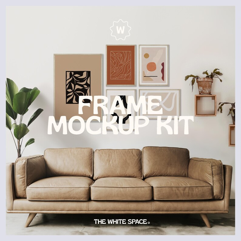 May include: A living room interior design mockup featuring a brown leather sofa with a set of framed abstract art prints on the wall above it. The prints feature black and white, red, and orange abstract designs. The text "FRAME MOCKUP KIT" is displayed in white letters on the wall.