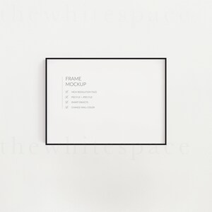 May include: A black frame mockup with the text "FRAME MOCKUP" and a checklist of features: "HIGH RESOLUTION FILES", "PSD FILE + JPEG FILE", "SMART OBJECTS", and "CHANGE WALL COLOR".