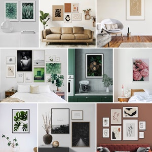 May include: A collection of framed art prints featuring various styles and subjects, including abstract designs, nature scenes, and minimalist line drawings. The prints are displayed in different rooms of a home, including a living room, bedroom, and kitchen.
