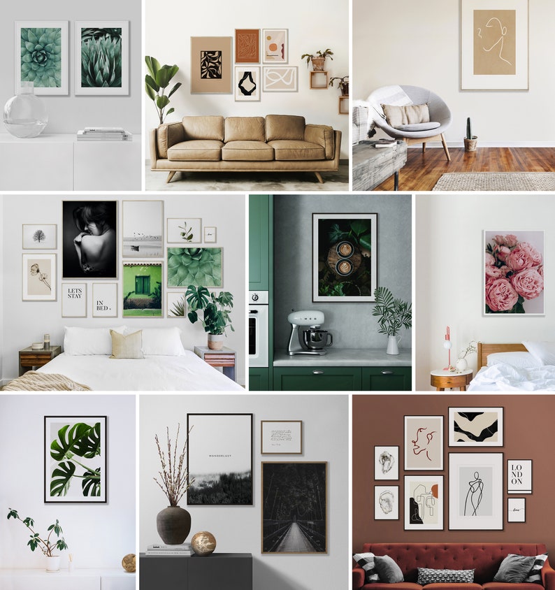 May include: A collection of framed art prints featuring various styles and subjects, including abstract designs, nature scenes, and minimalist line drawings. The prints are displayed in different rooms of a home, including a living room, bedroom, and kitchen.
