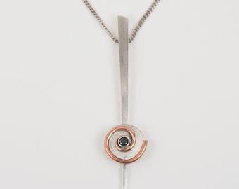 Contemporary Necklace Black Onyx Stone sterling movement copper spiral symmetrical