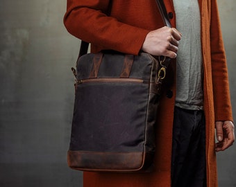 Leather Shoulder Bag for Laptops 12 13 14 15 16 inch, Waxed Canvas Bag with Shoulder Strap and multiple pockets