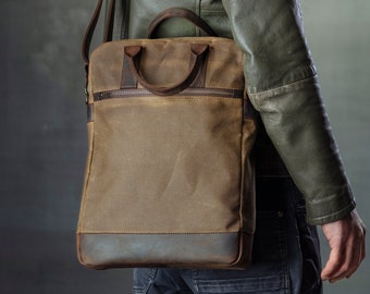 Braune Aktentasche für Männer, Crossbody Messenger Bag aus gewachstem Canvas und Leder, wasserabweisend für Laptops 12 13 14 15 16 Zoll