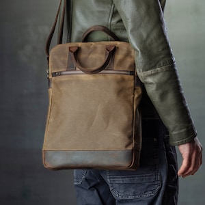 Braune Aktentasche für Männer, Crossbody Messenger Bag aus gewachstem Canvas und Leder, wasserabweisend für Laptops 12 13 14 15 16 Zoll Bild 1