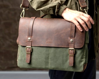 Mens Messenger Bag, Leather Satchel for Students, Water-repellent Laptop Bag for Cyclists