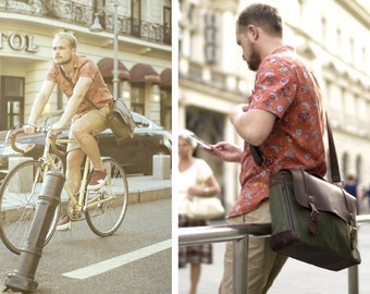 Leather Bag for Man made of waxed canvas, a Satchel for commuters and students that is water-repellent