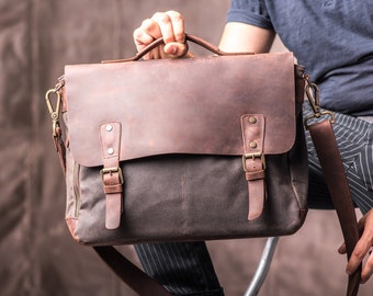 Herren Leder Umhängetasche Canvas Satchel, mehrere Taschen, 2 Größen für Laptops bis 17 Zoll, leicht und robust