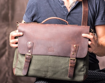 Satchel Bag voor heren gemaakt van gewaxt canvas en leer, waterafstotende groene gepersonaliseerde tas voor pc-computer
