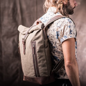 Sac à dos vintage en toile, roll-top pour étudiants, sac universitaire fait main pour livres