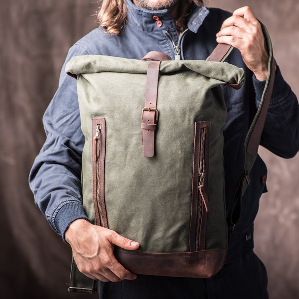 Sac à dos personnalisé Roll Top, RollTop en toile cirée pour étudiants et collèges, fait à la main pour transporter des livres