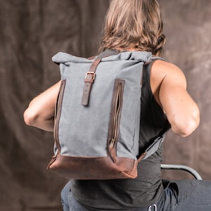 Rolltop Backpack for College and School, Handmade of Waxed Canvas, Water-Repellent Laptop Rucksack