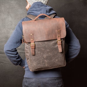 Waxed Canvas Backpack Leather Rucksack Men